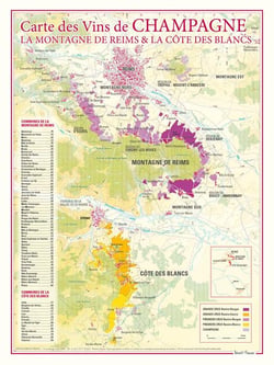 Carte des vins de Champagne la Montagne de Reimset la "cote des blancs"