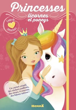 Princesses, licornes et poneys - Coup de coeur créations - Un carnet créatif, des stickers pailletés, des strass, 6 crayons, des bijoux tattoos !