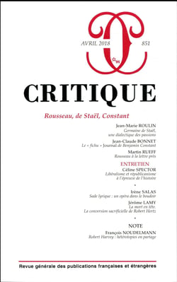 Revue Critique n.851 : Rousseau, de Staël, Constant