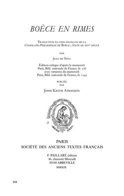 Boèce en rimes - traduction en vers français de la consolatio philosophiae, texte du xive siècle