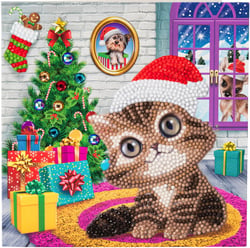 Kit carte broderie diamant - Crystal Art - 18 x 18 cm - Chaton Noël