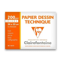 Papier dessin - 12 feuilles 24 x 32 cm - 200 g/m² - Dessin technique - Clairefontaine - Blanc