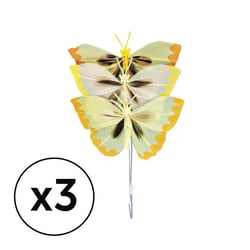 Sachet 3 papillons en plumes - 6 cm - jaune