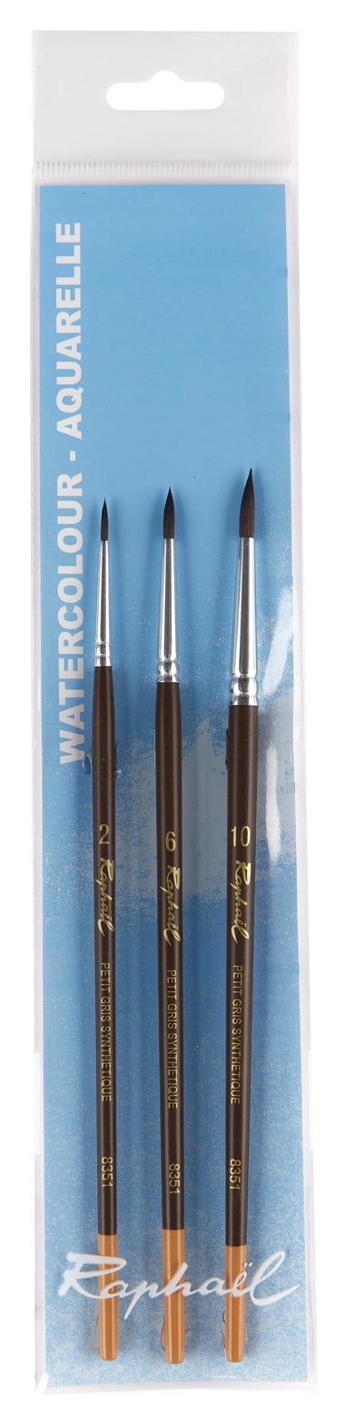 Lot de 3 pinceaux Raphaël - aquarelle - poils synthétiques - n°2/6/10