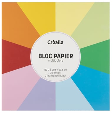 Bloc de papier multicolore 30 feuilles - 3 feuilles par couleur - 30,5 x 30,5 cm - 180 g - Créalia