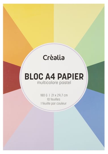 Bloc A4 de papier pastel multicolore - 10 feuilles - 1 feuille par couleur - 200 g/m² - Créalia