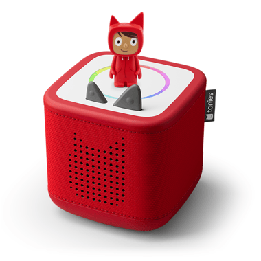 Conteuse Toniebox rouge, une figurine rouge posée dessus