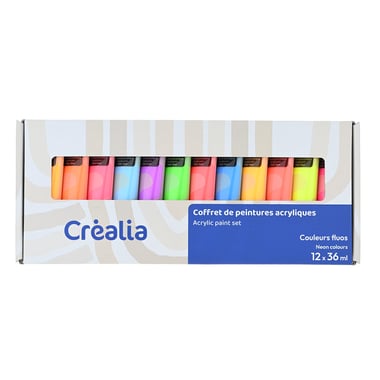 Coffret de peintures acryliques - Couleurs intenses - 12 x 36 ml - Créalia