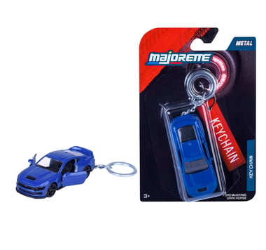 Porte-clés Ford Mustang bleue de Majorette, à côté de son emballage