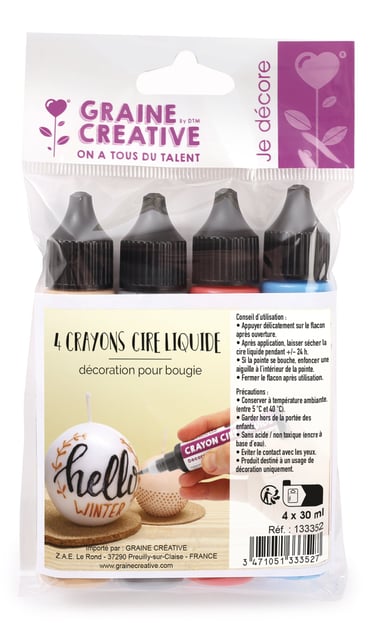 Lot de 4 crayons cire liquide Graine Créative - 30 ml - Couleurs assorties
