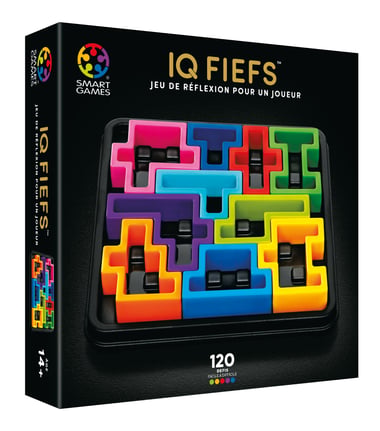 Boîte du casse-tête IQ Fiefs, plateau rempli de pièces de couleur