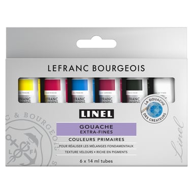 Set de 6 tubes de  14 ml de gouache extra fine Lefranc Bourgeois - Linel - couleurs primaires