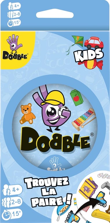 Boîte du jeu Dobble Kids, bleue, avec sa boîte ronde