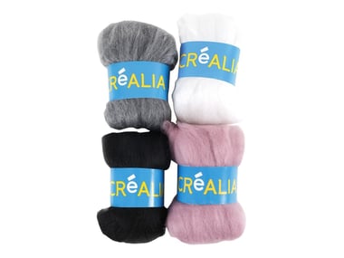 Assortiment 4 pelotes cardées 15 g Créalia - Gris / blanc / noir / vieux rose