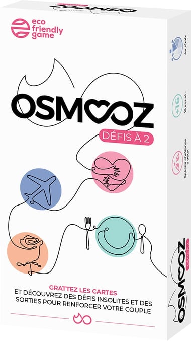 Boîte blanche du jeu Osmooz Défis à 2, avec des pictogrammes reliés par un fil