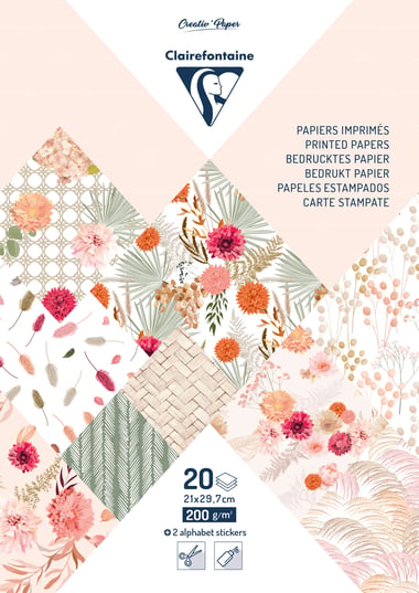 Bloc 20 feuilles papiers imprimés - 21 x 29,7 cm - Fleurs séchées
