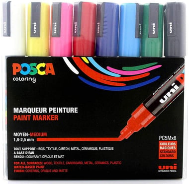 Lot de 8 marqueurs acryliques à base d'eau Pointe conique moyenne - Posca Uni-ball - Couleurs basiques