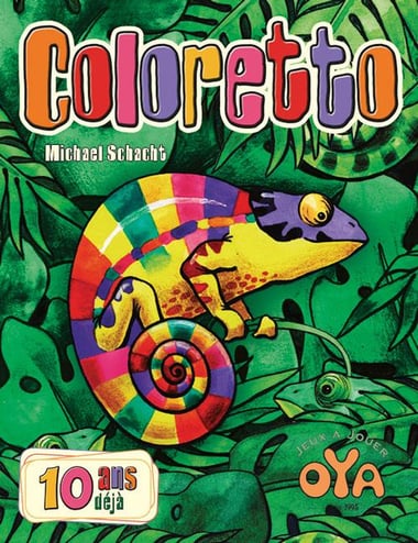Boîte du jeu Coloretto, illustrée d’un caméléon multicolore