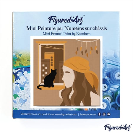 Mini Peinture par Numéro Figured'Art 20x20cm avec cadre Femme et son Chat à la Fenêtre - Petit Format