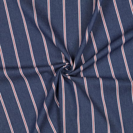 Tissu Chambray Coton James rayures fines Blanc et Rouge sur fond Bleu denim