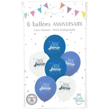 6 Ballons Joyeux Anniversaire - Bleu/Blanc
