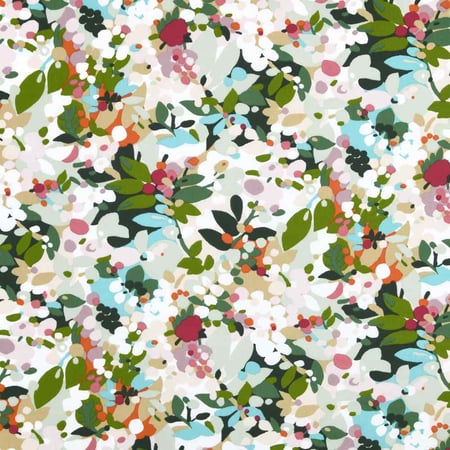 Tissu Toile de Polycoton  Champs Fleuris Printemps sur fond Blanc - Au mètre