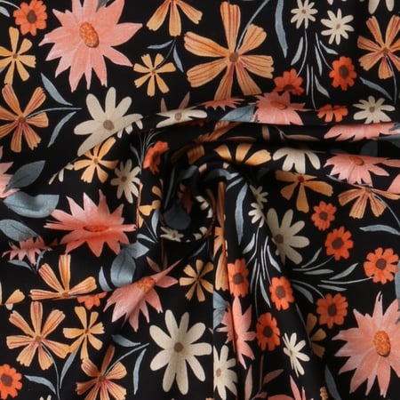 Tissu Jersey stretch fleurs Eboni sur fond Noir