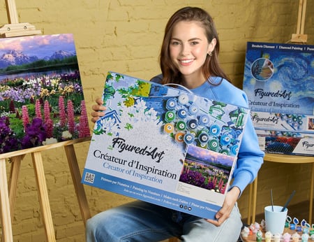 Peinture par Numéro Figured'Art avec Cadre - Fleurs et Lac au pied de la Montagne - Loisir Créatif Numéro d'Art - 40x50cm toile tendue sur châssis