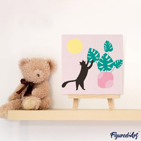 Mini Peinture par Numéro Figured'Art 20x20cm avec cadre Chaton et plante au Soleil - Petit Format