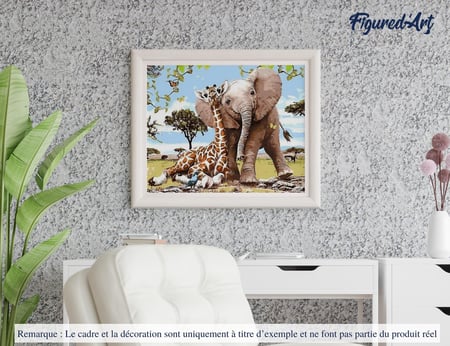Peinture par Numéro Figured'Art avec Cadre - Amis Eléphant & Girafe - Kit de Loisir Créatif DIY Numéro d'Art - 40x50cm toile tendue sur châssis