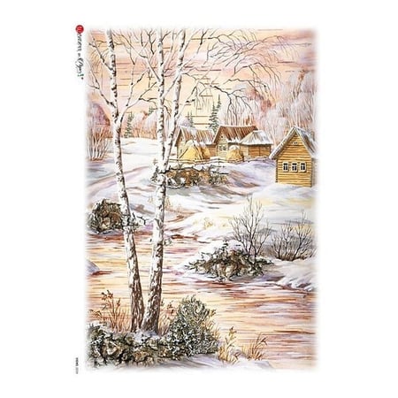 1 feuille de papier de riz 22.5 x 32 cm découpage collage Paper Designs PAYSAGE MONTAGNE NEIGE 0199