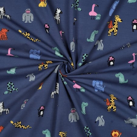 Tissu Jersey Coton imprimé Animaux Pop sur fond Bleu marine