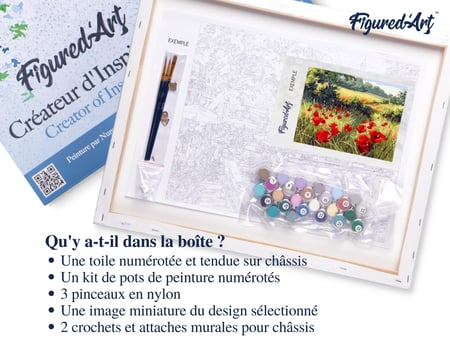Peinture par Numéro Figured'Art avec Cadre - Coquelicots champêtres - Kit de Loisir Créatif DIY Numéro d'Art - 40x50cm toile tendue sur châssis