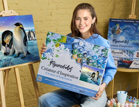 Peinture par Numéro Figured'Art avec Cadre - Pingouins sur la banquise - Kit de Loisir Créatif DIY Numéro d'Art - 40x50cm toile tendue sur châssis