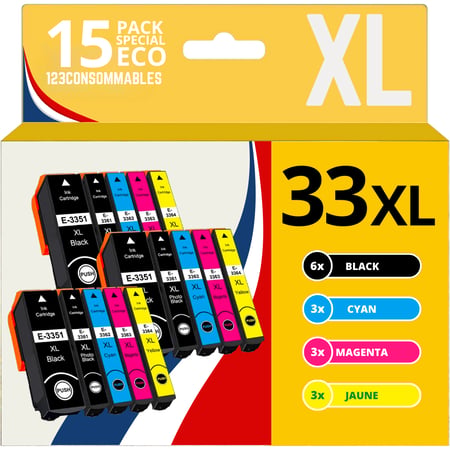 123CONSOMMABLES - 33XL - Pack 15 Cartouches d'encre Compatible pour Epson 33 XL pour Expression Premium XP-540 XP-530 XP-830 XP-7100 XP-900 XP-640 XP-630 XP-635 XP-645 - 123CONSOMMABLES