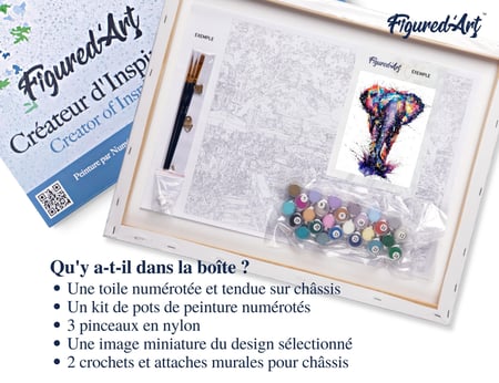 Peinture par Numéro Figured'Art avec Cadre - Eléphant d'Asie en peinture - Kit de Loisir Créatif DIY Numéro d'Art - 40x50cm toile tendue sur châssis