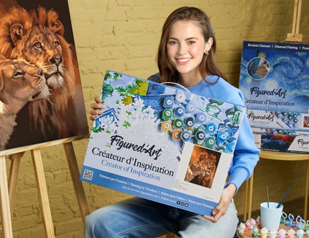 Peinture par Numéro Figured'Art avec Cadre - Couple Lion et Lionne - Kit de Loisir Créatif DIY Numéro d'Art - 40x50cm toile tendue sur châssis