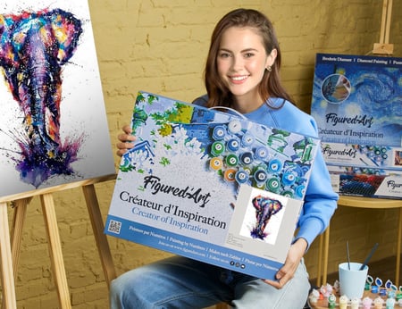 Peinture par Numéro Figured'Art avec Cadre - Eléphant d'Asie en peinture - Kit de Loisir Créatif DIY Numéro d'Art - 40x50cm toile tendue sur châssis