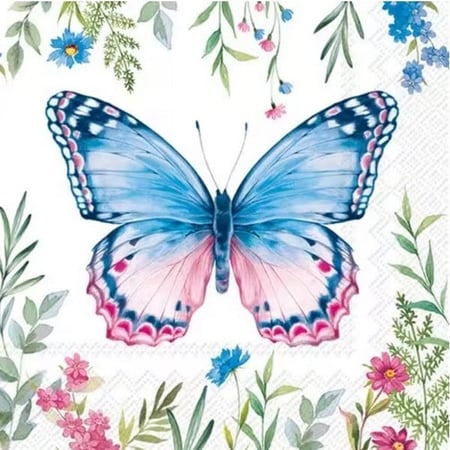 4 serviettes en papier découpage collage 33 cm PAPILLON BLEU FLEUR PSS 105