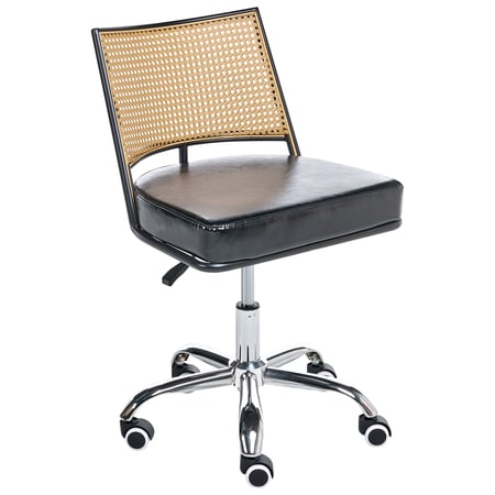 Chaise de Bureau Noire en Cuir PU et Rotin PE Tresse Viennoise Dossier Pivotant Réglable Style Traditionnel