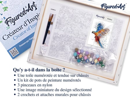 Peinture par Numéro Figured'Art avec Cadre - Perroquet en plein Vol - Kit de Loisir Créatif DIY Numéro d'Art - 40x50cm toile tendue sur châssis