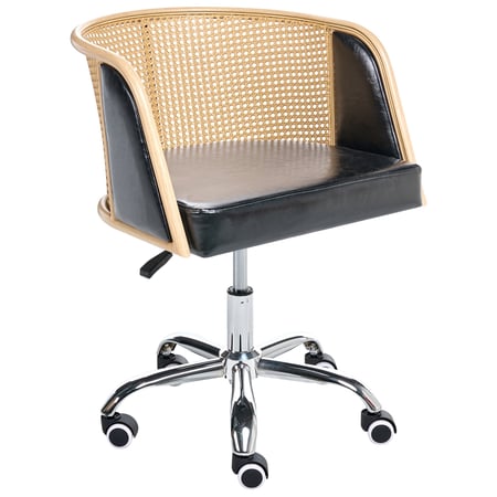 Chaise de Bureau Noir en Cuir PU et Rotin PE Tresse Viennoise Dossier Réglable Pivotant Style Retro Traditionnel
