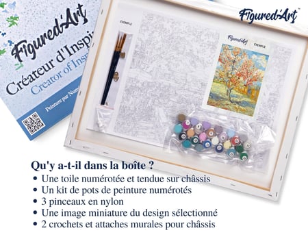 Peinture par Numéro Figured'Art avec Cadre - Van Gogh Pêcher - Kit de Loisir Créatif DIY Numéro d'Art Complet - 40x50cm toile tendue sur châssis