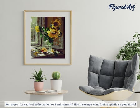 Peinture par Numéro Figured'Art - Tournesols et Pomme devant la Fenêtre - Kit de Loisir Créatif DIY Numéro d'Art - 40x50cm sans châssis en bois