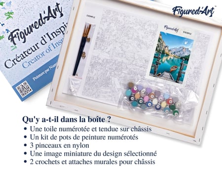 Peinture par Numéro Figured'Art avec Cadre - Barque sur un Lac de Montagne - Kit de Loisir Créatif Numéro d'Art - 40x50cm toile tendue sur châssis