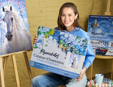 Peinture par Numéro Figured'Art avec Cadre - Cheval et Fleurs blanches - Kit de Loisir Créatif DIY Numéro d'Art - 40x50cm toile tendue sur châssis