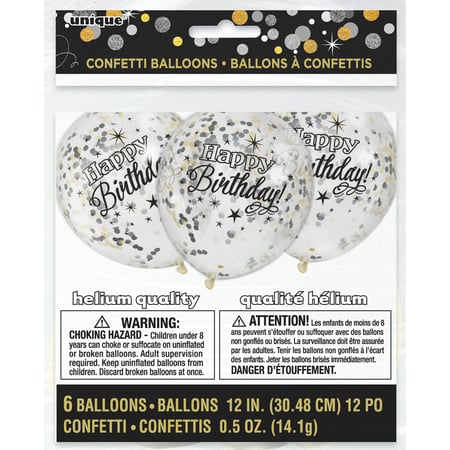 6 Ballons Happy Birthday Noir et Confettis Or/Argent