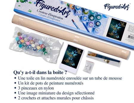 Peinture par Numéro Figured'Art - Papillons féériques bleus et dorés - Kit de Loisir Créatif DIY Numéro d'Art Complet - 40x50cm sans châssis en bois