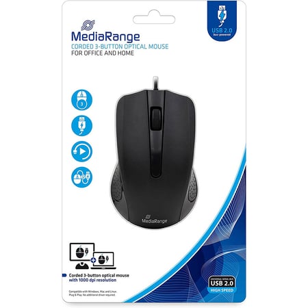 Souris optique filaire MediaRange - 3 boutons - 1000Dpi - Plug and Play -Noire