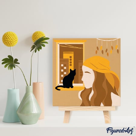 Mini Peinture par Numéro Figured'Art 20x20cm avec cadre Femme et son Chat à la Fenêtre - Petit Format